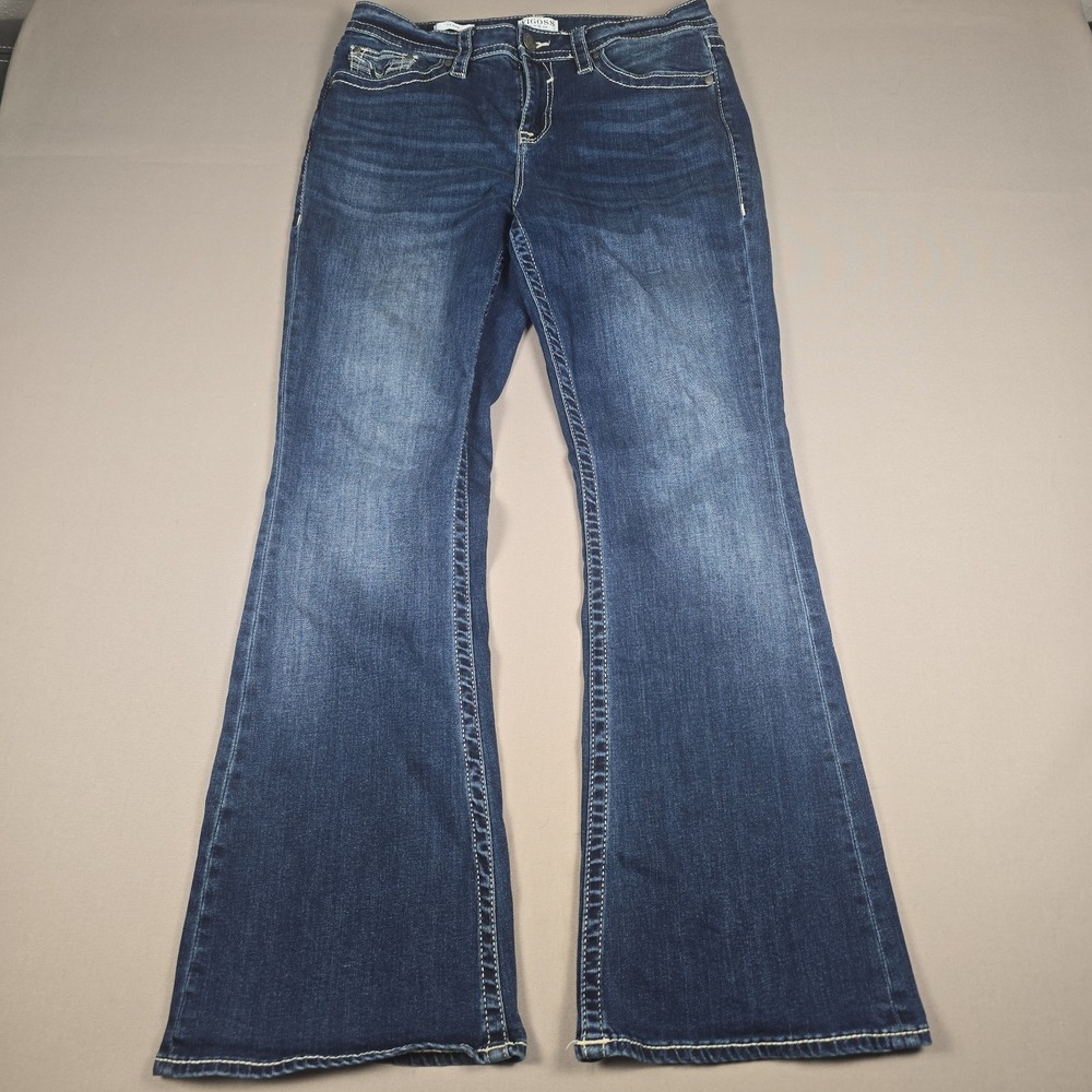 Vigoss Flare Jeans Womens 12 Dark Blue Heritage Fit Mid Rise Embroidered Western